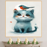 Adorable Blue Kitten with Big Eyes and Red-Breasted Bird on Head Whimsical Animal Illustration for Kids Room or Nursery Cute Art for Pet and Bird Lovers on Ready to Hang 1.5" Thick Canvas Wrap, Floating Framed Canvas, Flat Rolled Canvas